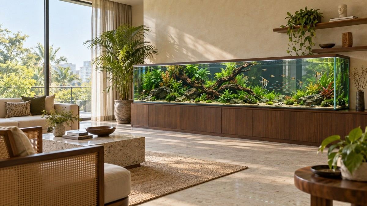Large custom aquarium in a contemporary Chennai living room